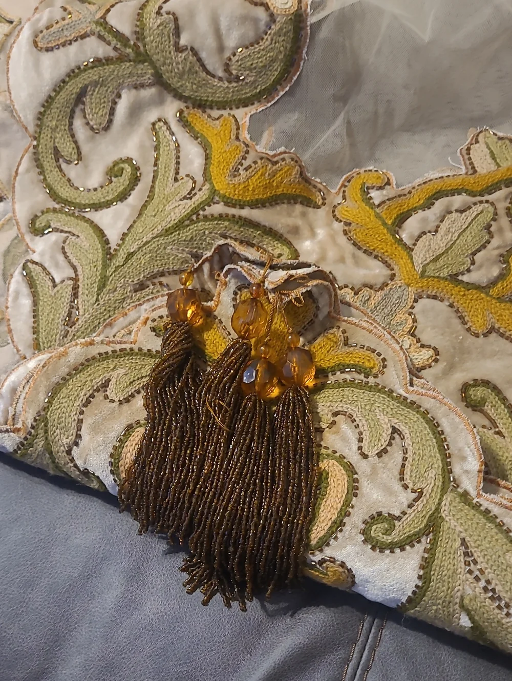 Vintage Rectangular Velvet Embroidered Mesh Glass Beads Tassels Tablecloth 86×42